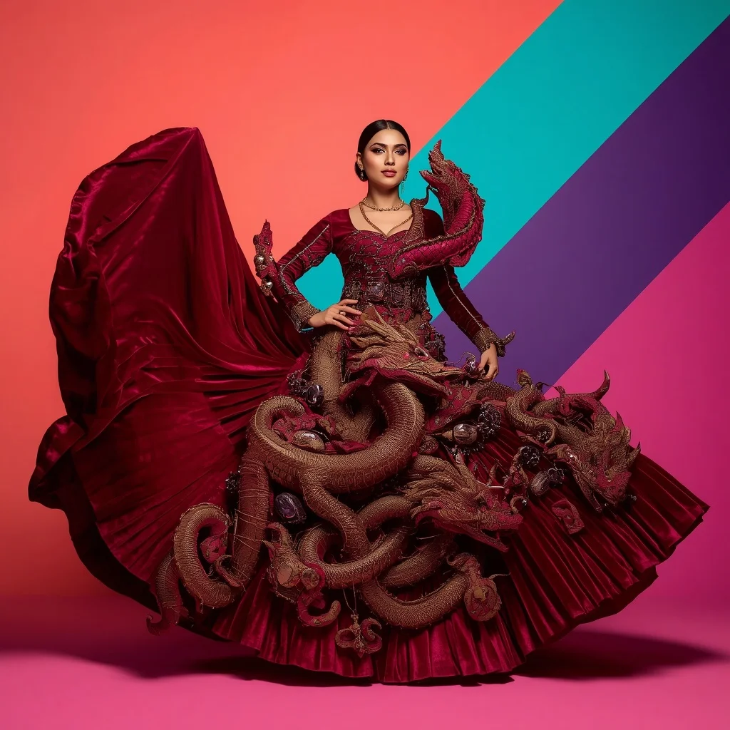3D Velvet Dragon Armor and Thick Zardosi Heavy Saree | Fitness Model Ai Prompt