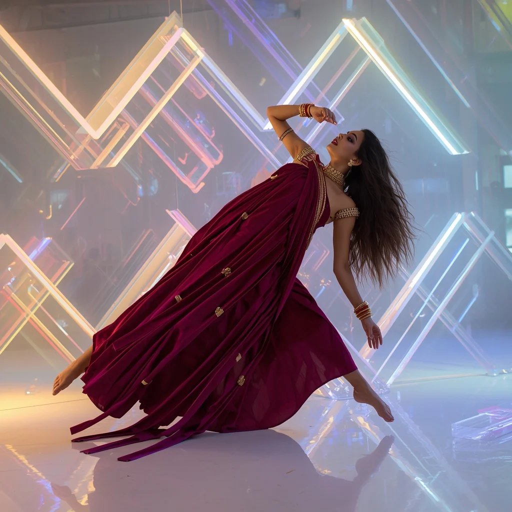 3D Velvet Ribbon & Thick Gold Bullion Knot Saree: Deep Plum | The Diagonal Floor-Sweep Spin Pose | Intersecting 3D Light Prisms | Saree Photo Ai Prompt
