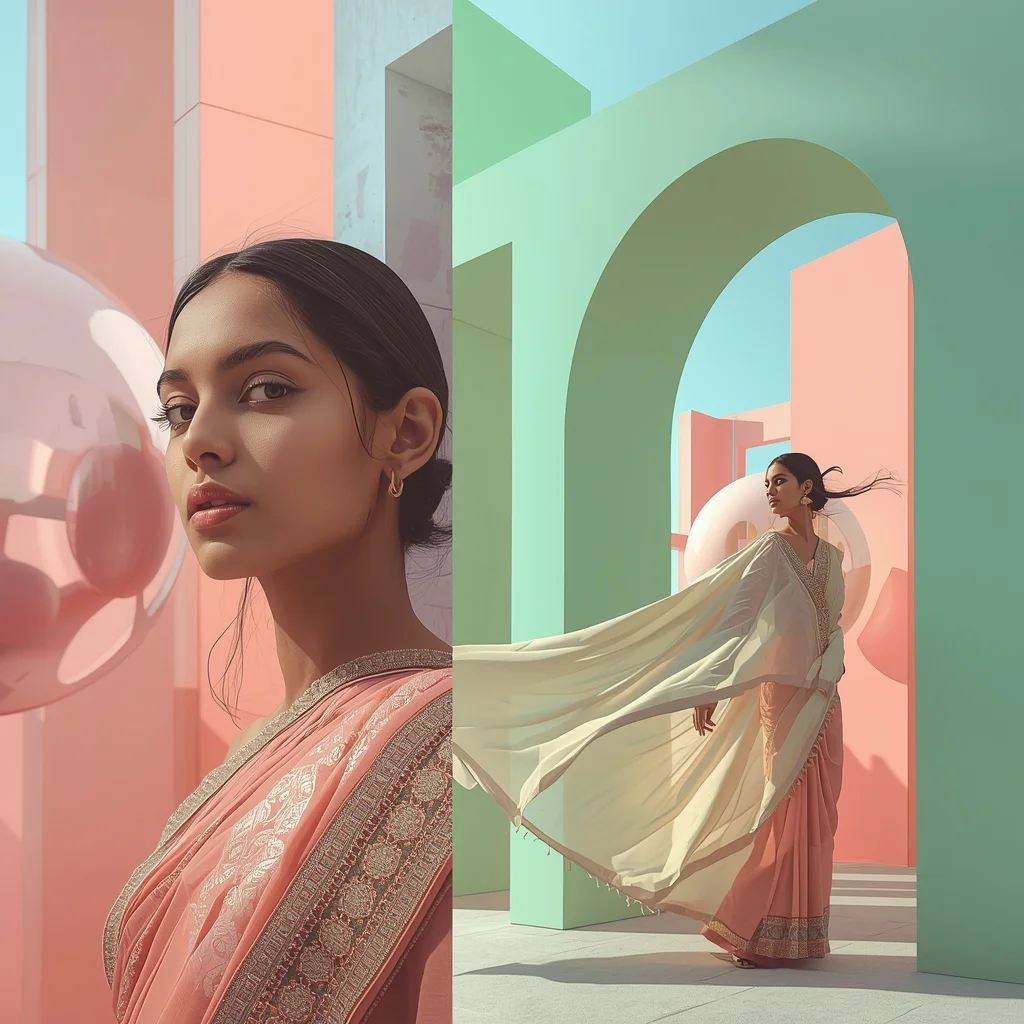 Advanced Conceptual Saree Portrait Within A Floating Abstract Pastel Geometry Void | Festival Prompt
