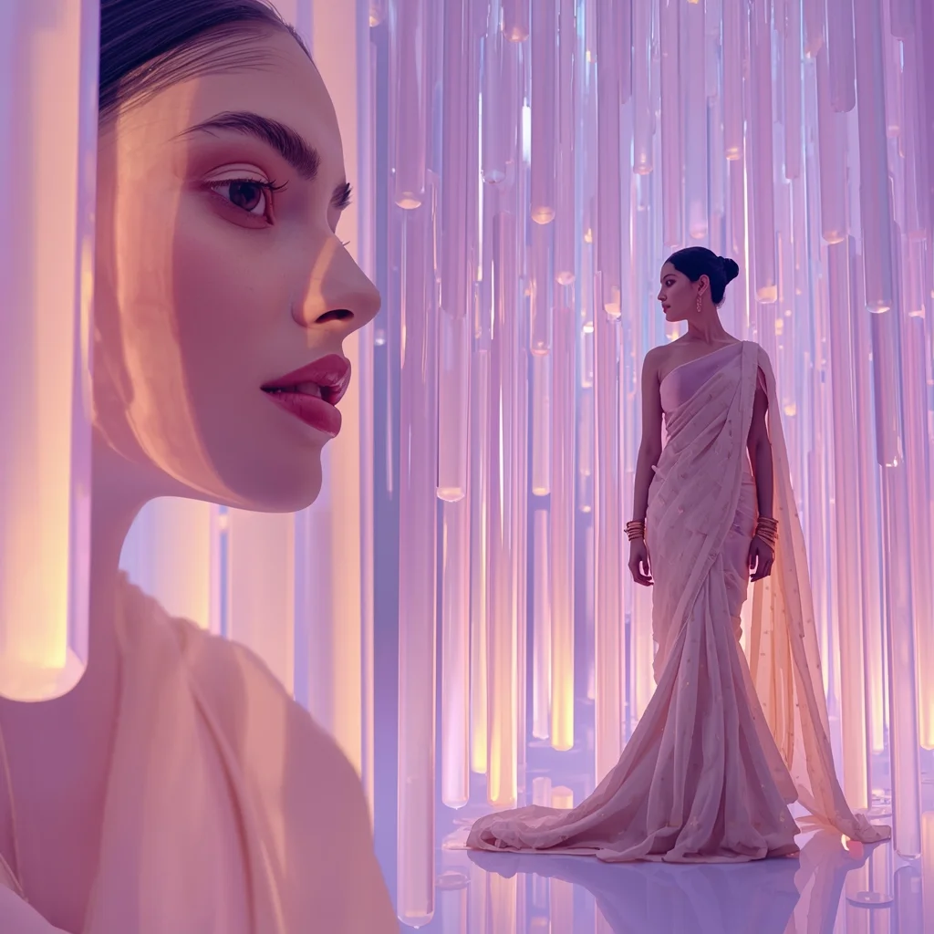 Advanced Pastel Indian Saree Aesthetic With Glowing Frosted Glass Chimes | Saree Prompt Copy Paste