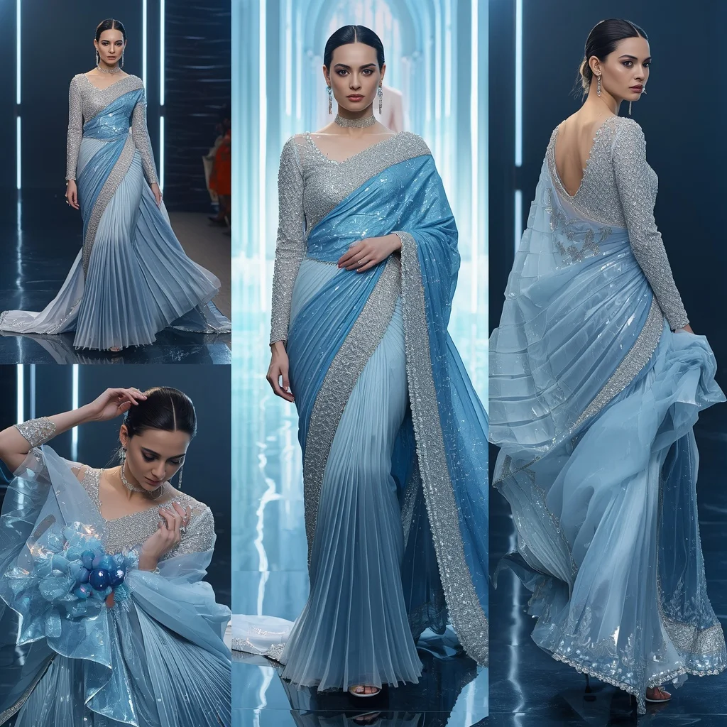 Arctic Moon Dynasty Saree with Futuristic Neon Cathedral | Prompt Gemini