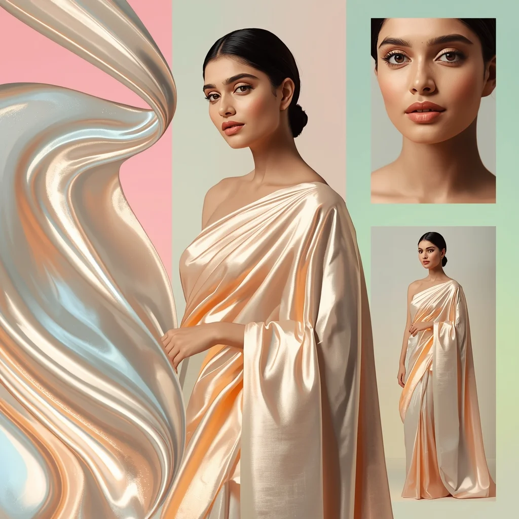 Artistic Luxury Pastel Saree Metallic Sheen Flow - | Image Prompt | Gemini Saree Prompt For Girl