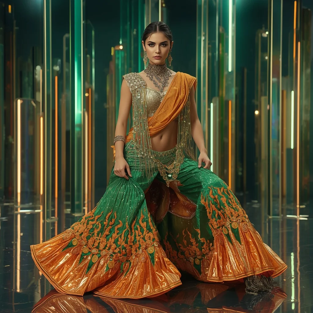 Aurora Emerald Flame Saree with Floating Prism Skyline | Festive Prompt