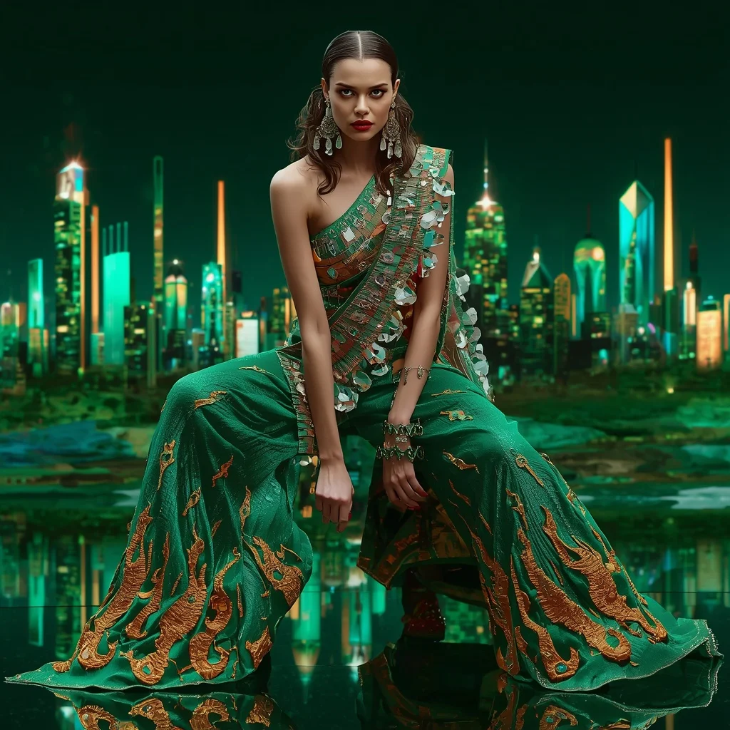 Aurora Emerald Flame Saree with Floating Prism Skyline | Gemini Ai Photo