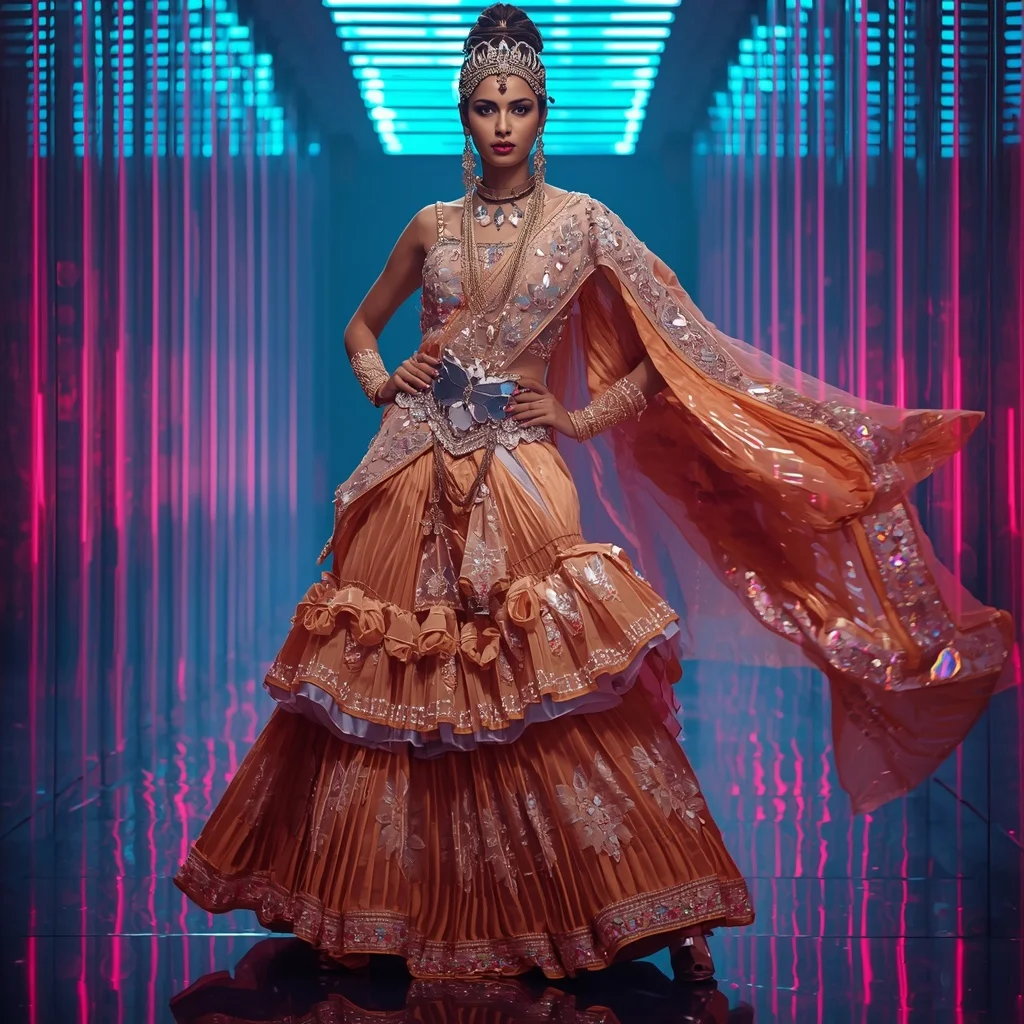 Aurora Flame Empress Saree with Floating Hologram Corridor | Saree Prompt Chatgpt