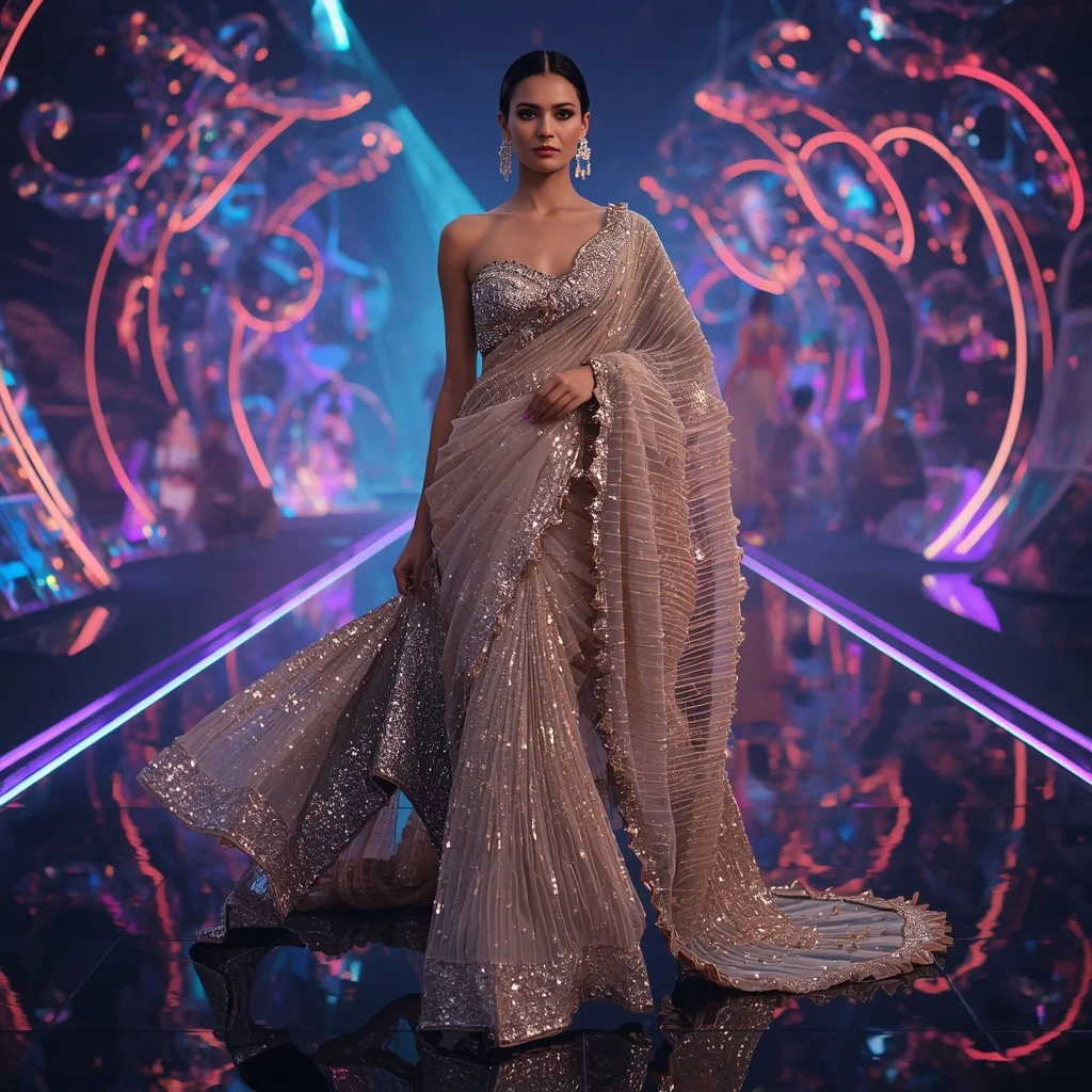 Aurora Nebula Couture Saree with Floating RGB Crystal Orbit Runway | Gemini Ai Prompt