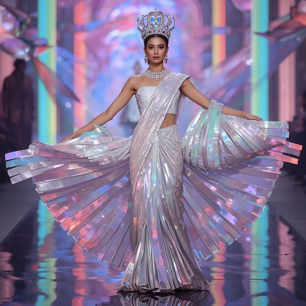 Aurora Ribbon Crown Saree with Floating Rainbow Reflection Fortress | Best Saree Prompt For Chatgpt