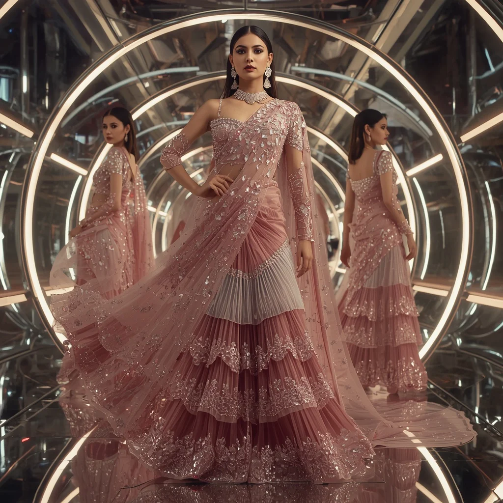 Aurora Rose Crystal Saree with Curved Halo Chamber | Gym Influencer Ai Prompt