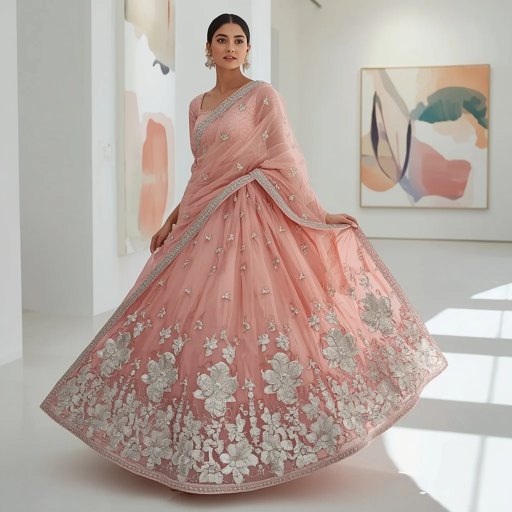 Blush Pink Organza Saree with 3D Silver Petals | Aesthetic Ai Prompt