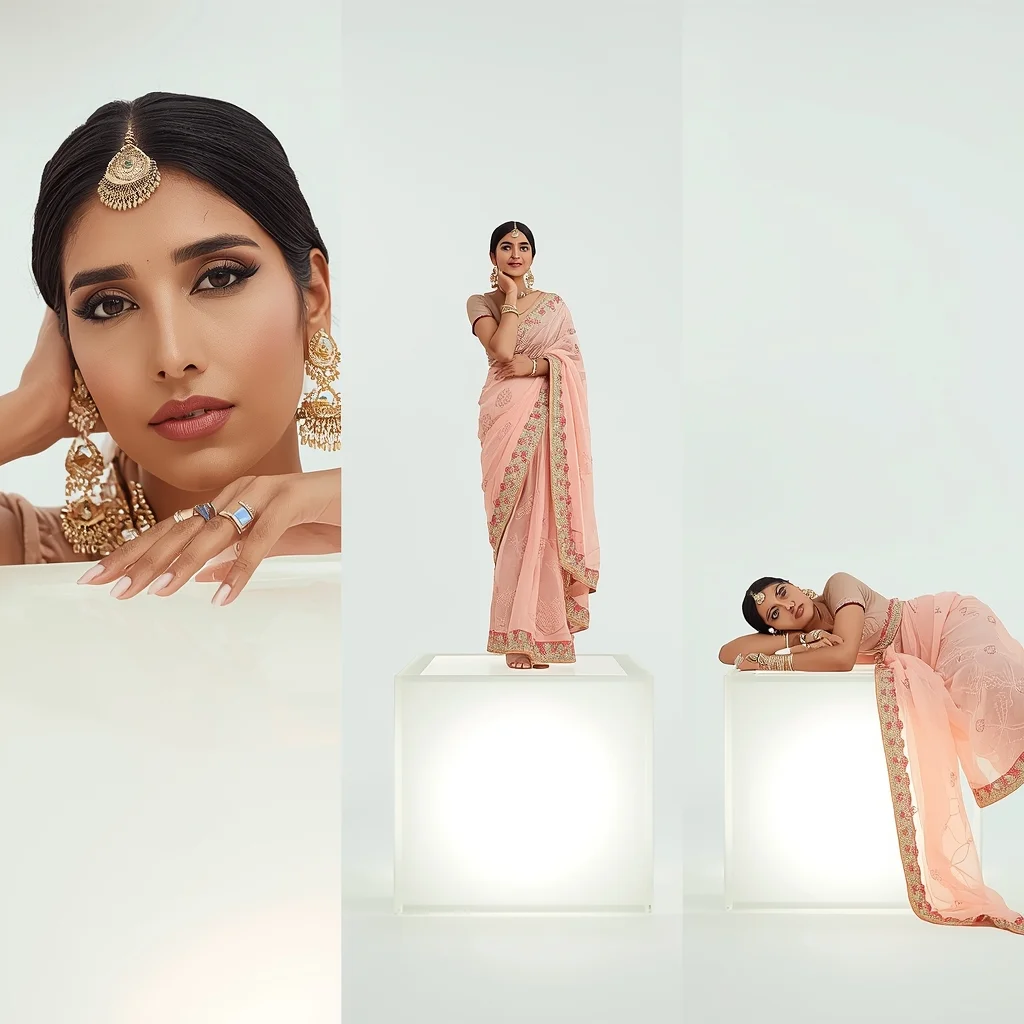 Bright Frosted Glass Geometric Cube Premium Saree Split Screen Design | Saree Instagram Ai Prompt