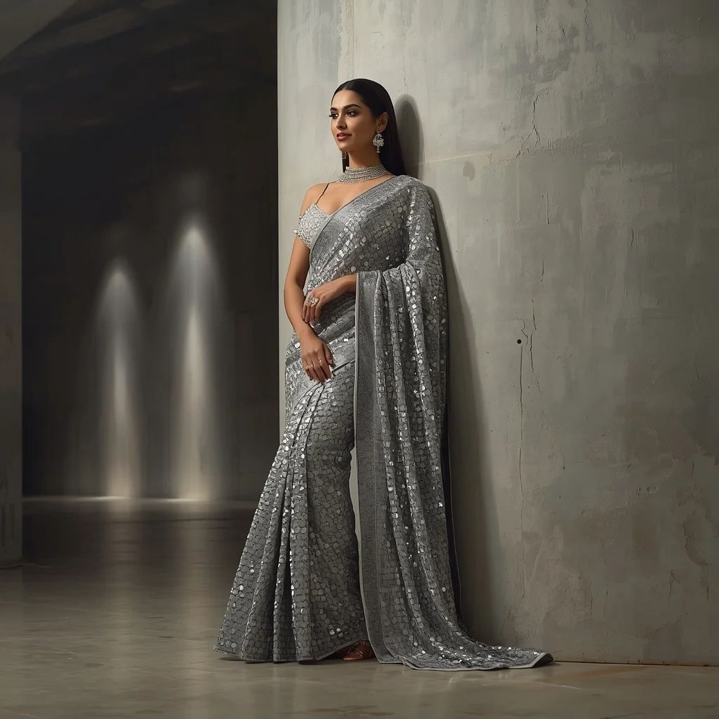 Cascading Mirror Work Saree in Brutalist Setting | Bridal Saree Ai Prompt