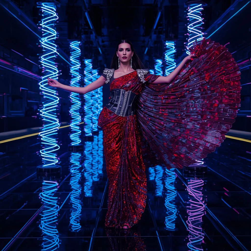 Celestial Inferno Queen Saree with Floating Neon Helix Towers | Chatgpt Photo Editing Prompts For Girl