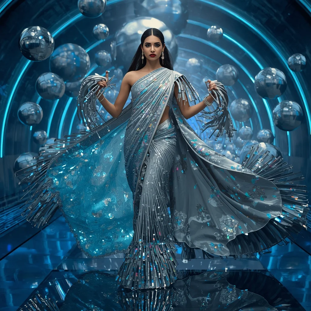Celestial Quantum Mirror Saree with Floating Infinity Orb Tunnel | Gemini Traditional Saree Prompt In English