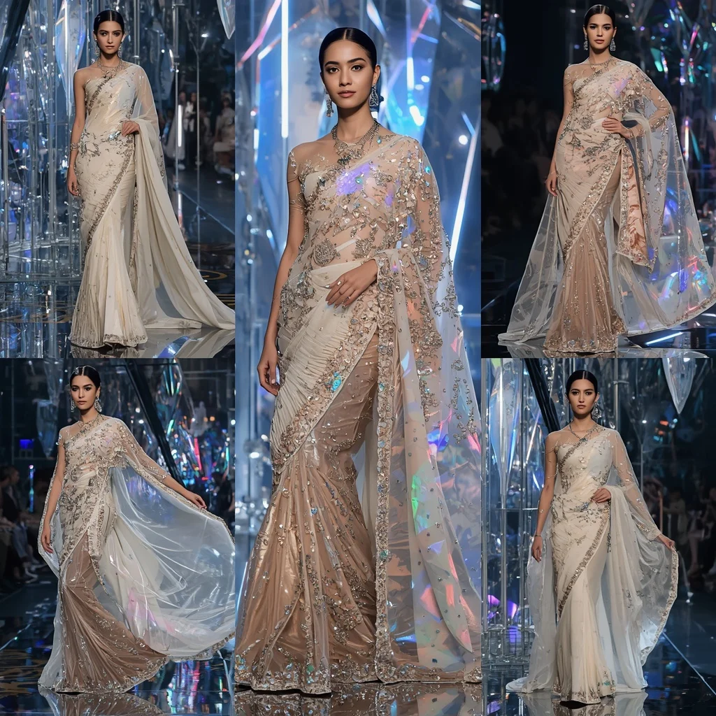 Celestial Royale Saree with Floating Prism Infinity Crystal Kingdom | Saree Ai Prompt