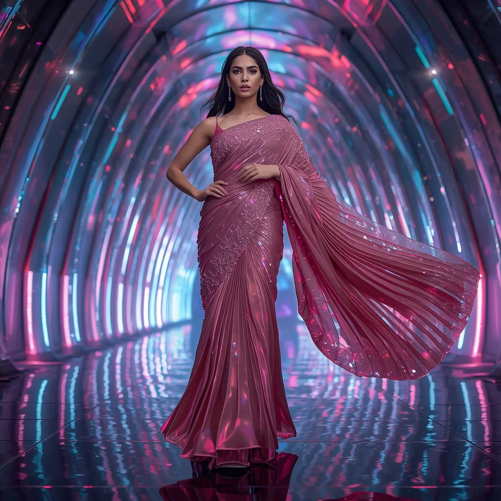 Celestial Thunder Metallic Saree with Futuristic Aurora Cathedral | Viral Reel Girl Prompt