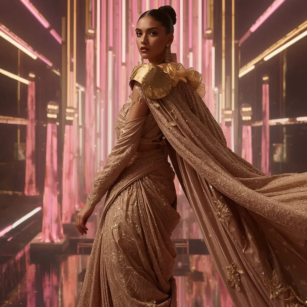 Champagne Aurora Flame Saree with Floating Laser Citadel | Saree Prompt For Gemini