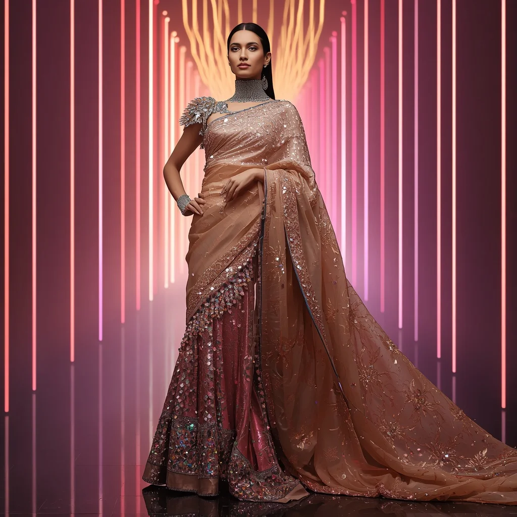 Champagne Aurora Flame Saree with Floating Laser Empire | Gemini Ai Prompt