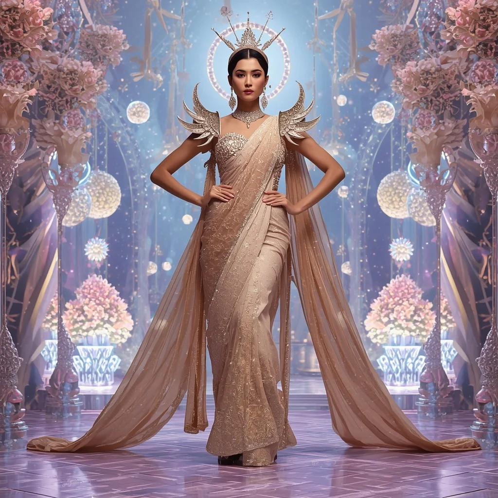 Champagne Nebula Sovereign Saree with Holo Ribbon Crown Empire | Woman Pose Ai Prompt