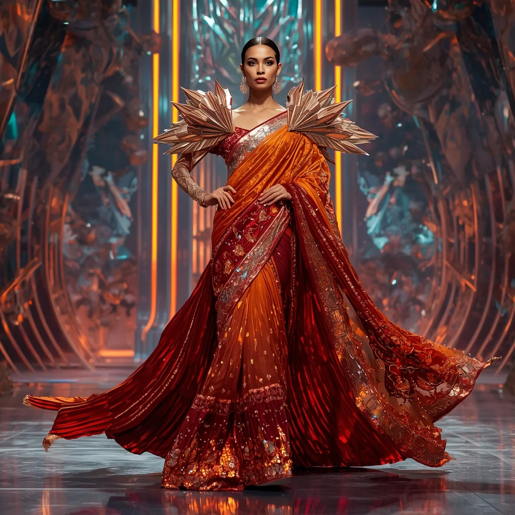 Cosmic Ember Queen Saree with Floating Neon Prism Cathedral | Saree Ai Prompt
