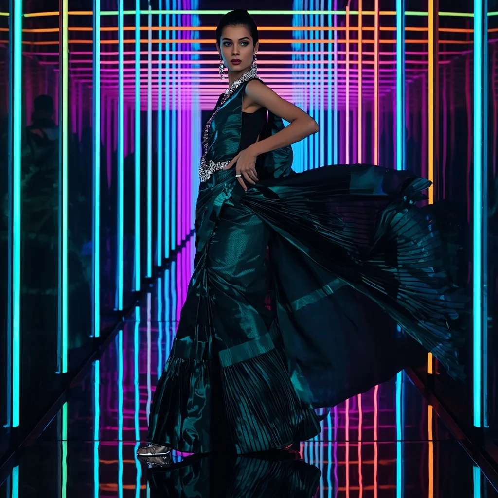 Cosmic Emerald Mirage Saree with Neon Reflection Corridor | Saree Girl Ai Prompt