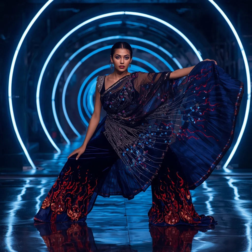 Cosmic Velvet Flame Saree with Neon Orbit Tunnel | Trending Prompt