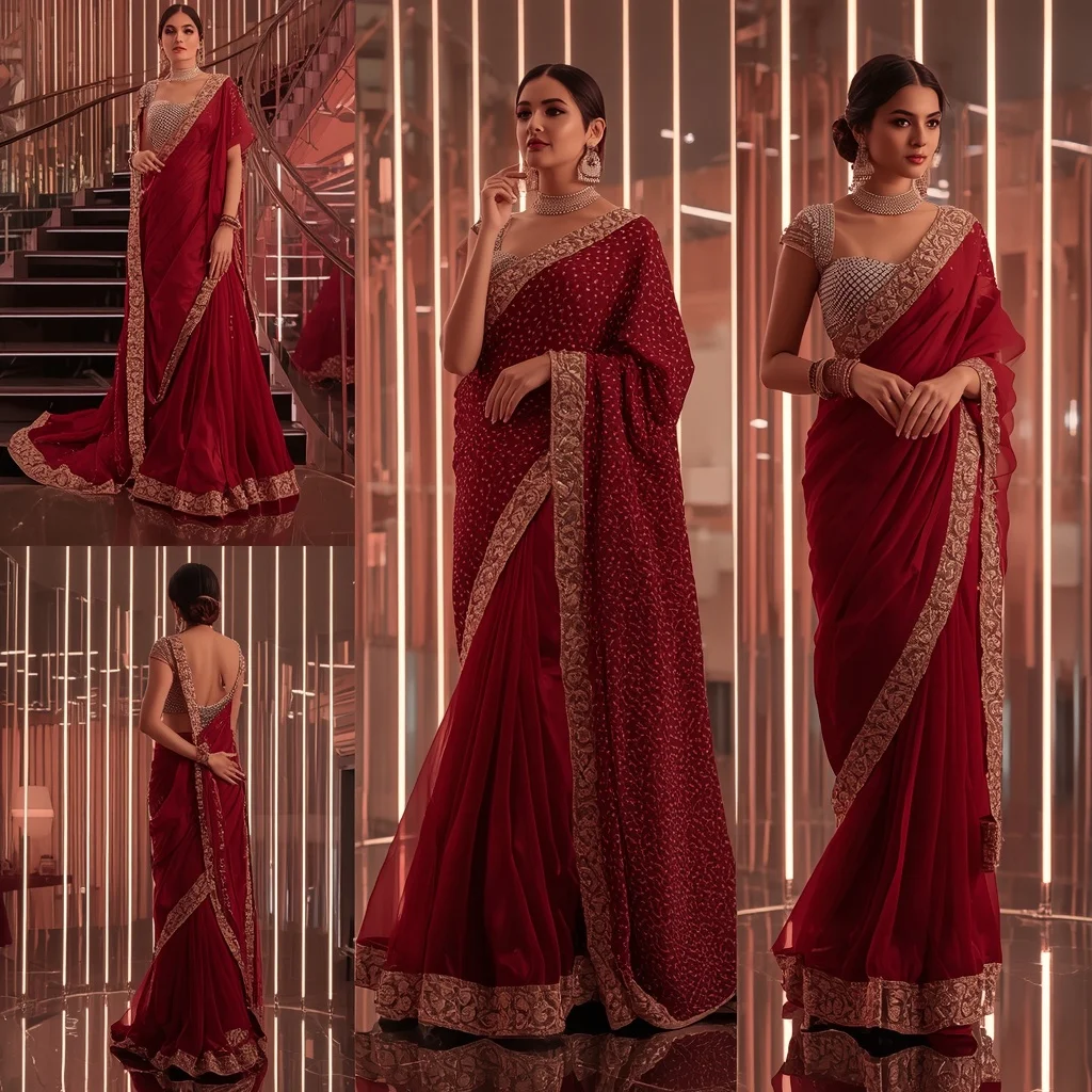 Crimson Crystal Empire Saree with Neon Infinity Dome | Fitness Model Ai Prompt