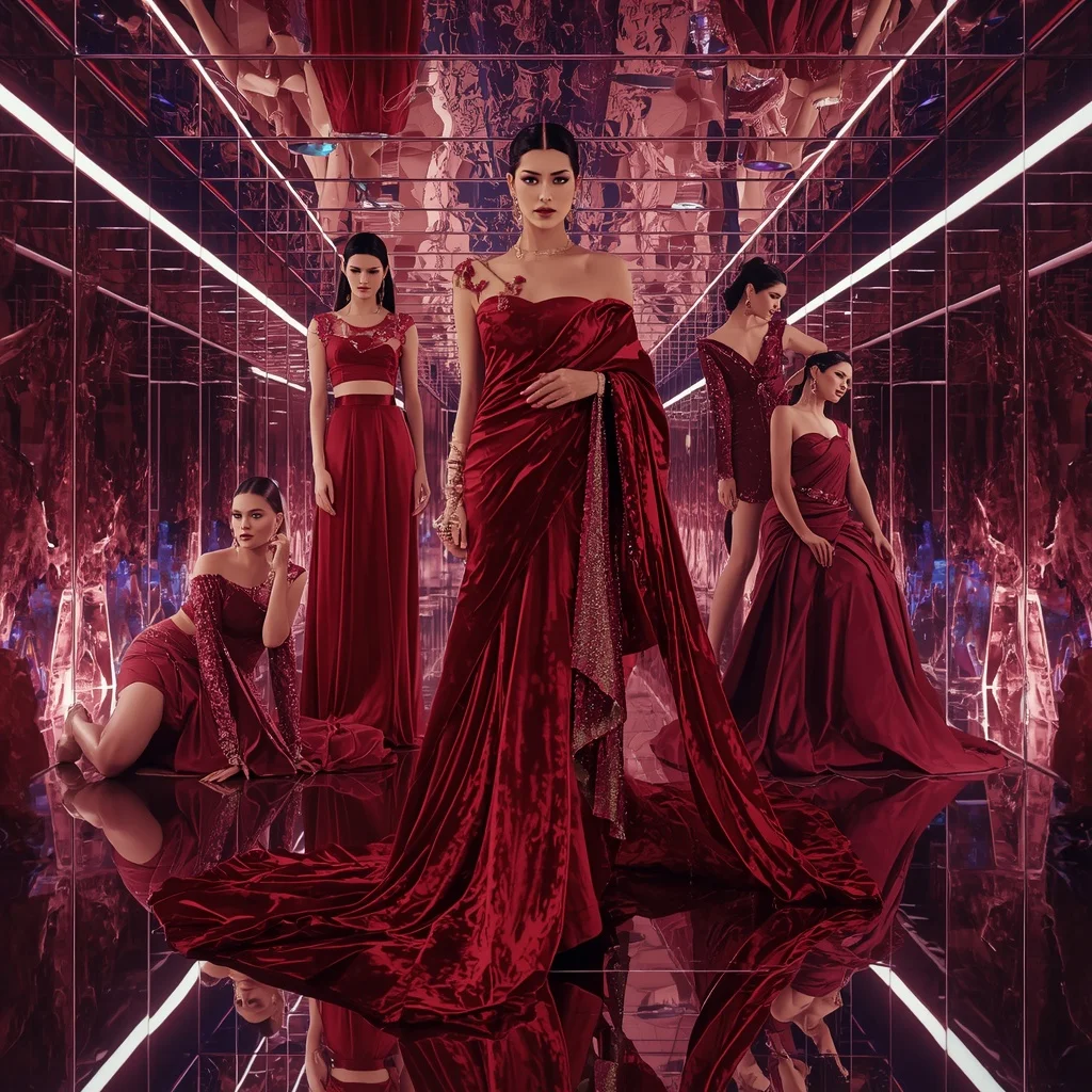 Crimson Infinity Couture Saree with Prism Crystal Observatory Hall | Image To Prompt