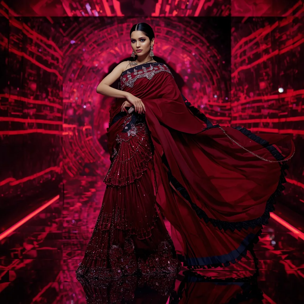 Crimson Nebula Royale Saree with Dynamic Laser Infinity Helix | Saree Ai Prompt