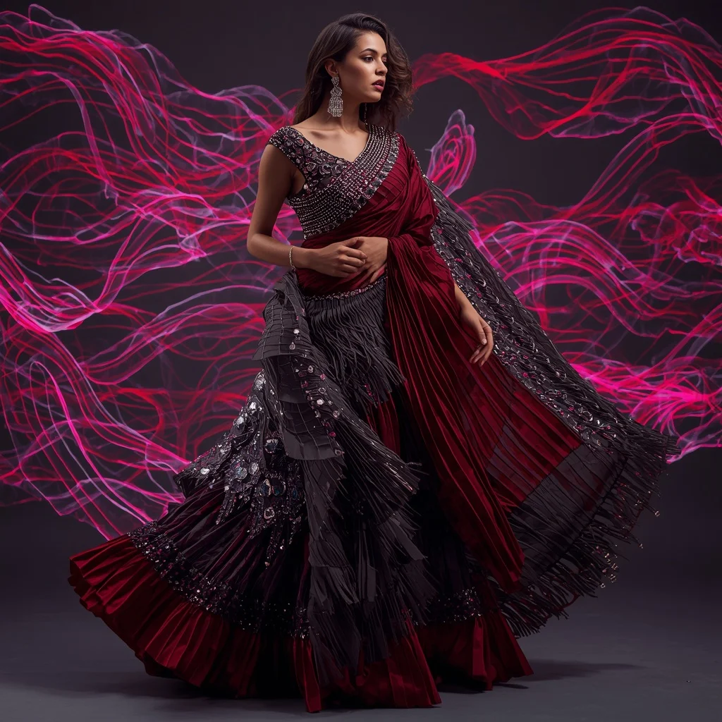 Crimson Nova Crystal Saree with Floating Infinity Waves | Saree Photoshoot Prompt Ultra Realistic