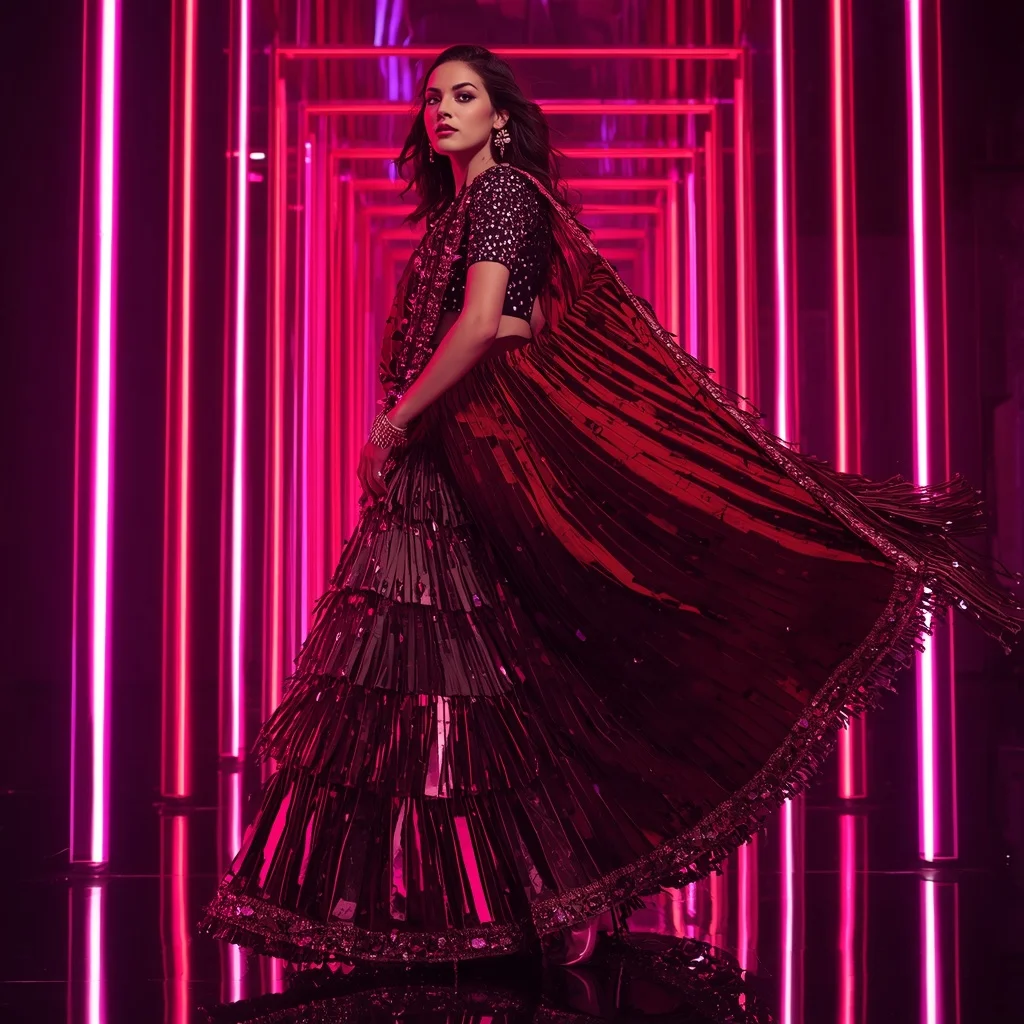 Crimson Nova Mirror Saree with Floating Infinity Corridors | Gemini Photo Editing Prompt
