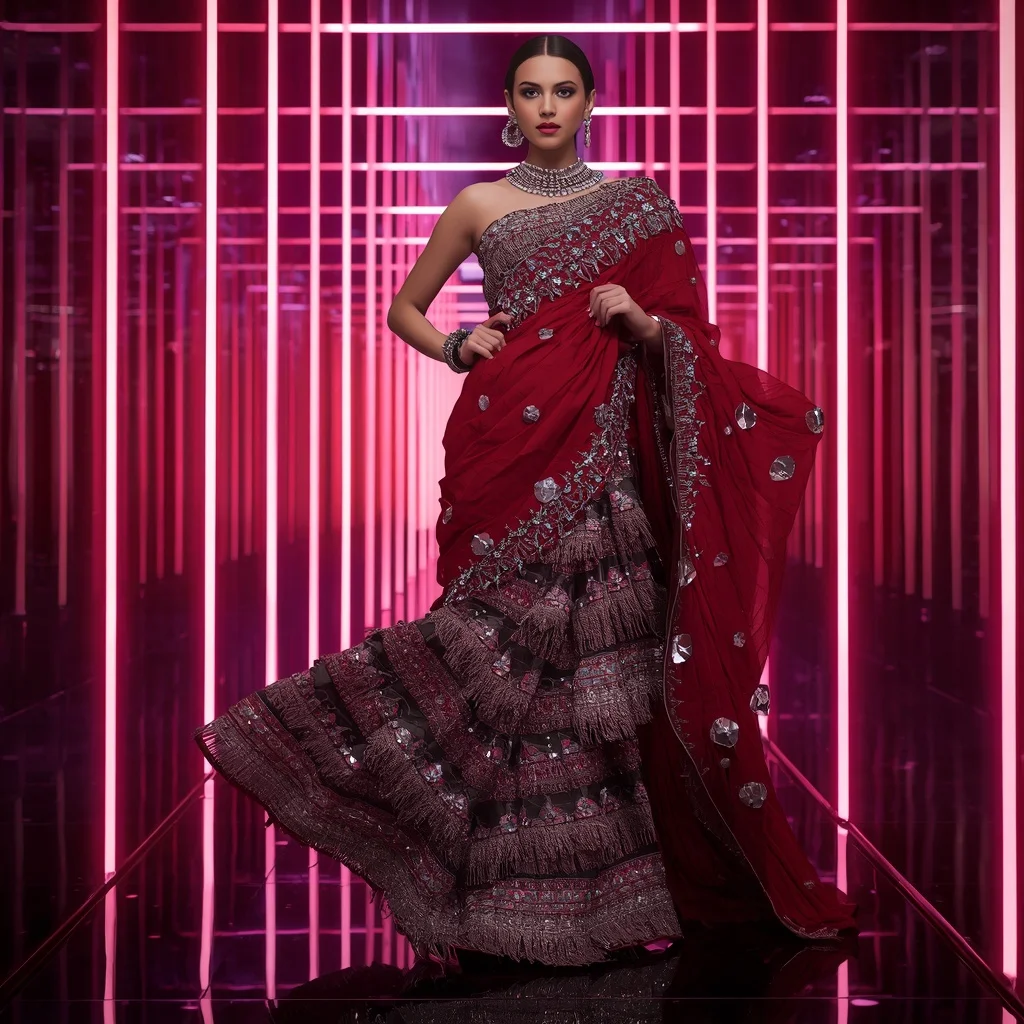 Crimson Nova Mirror Saree with Floating Infinity Hallways | Text To Image Prompt