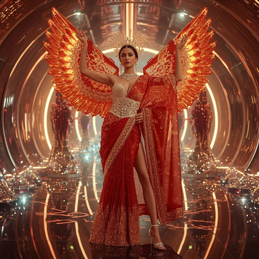 Crimson Solar Crown Saree with Luxe Prism Sovereign Sanctum | Prompt Chatgpt