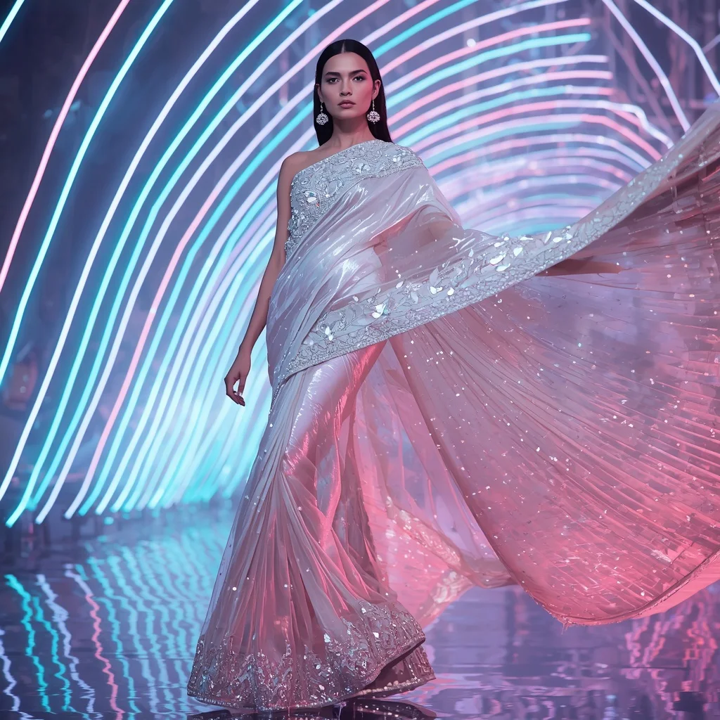 Crystal Aurora Infinity Saree with Hologram Wave Architecture | Gemini Saree Prompt For Girl
