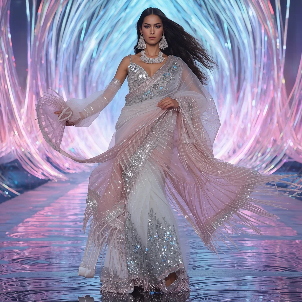 Crystal Aurora Infinity Saree with Hologram Wave Citadel | Influencer Ai Prompt