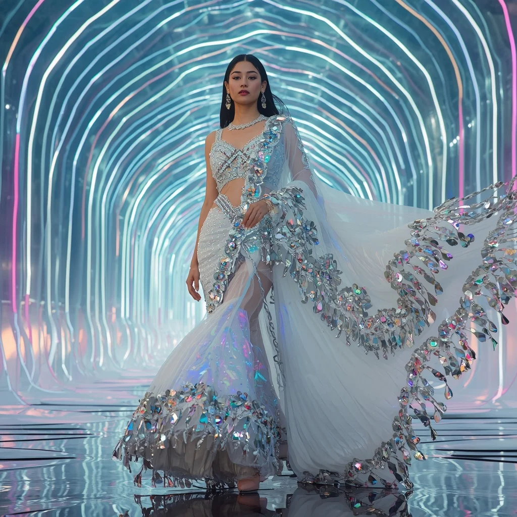 Crystal Aurora Infinity Saree with Hologram Wave Empire | Instagram Girl Gemini Prompt