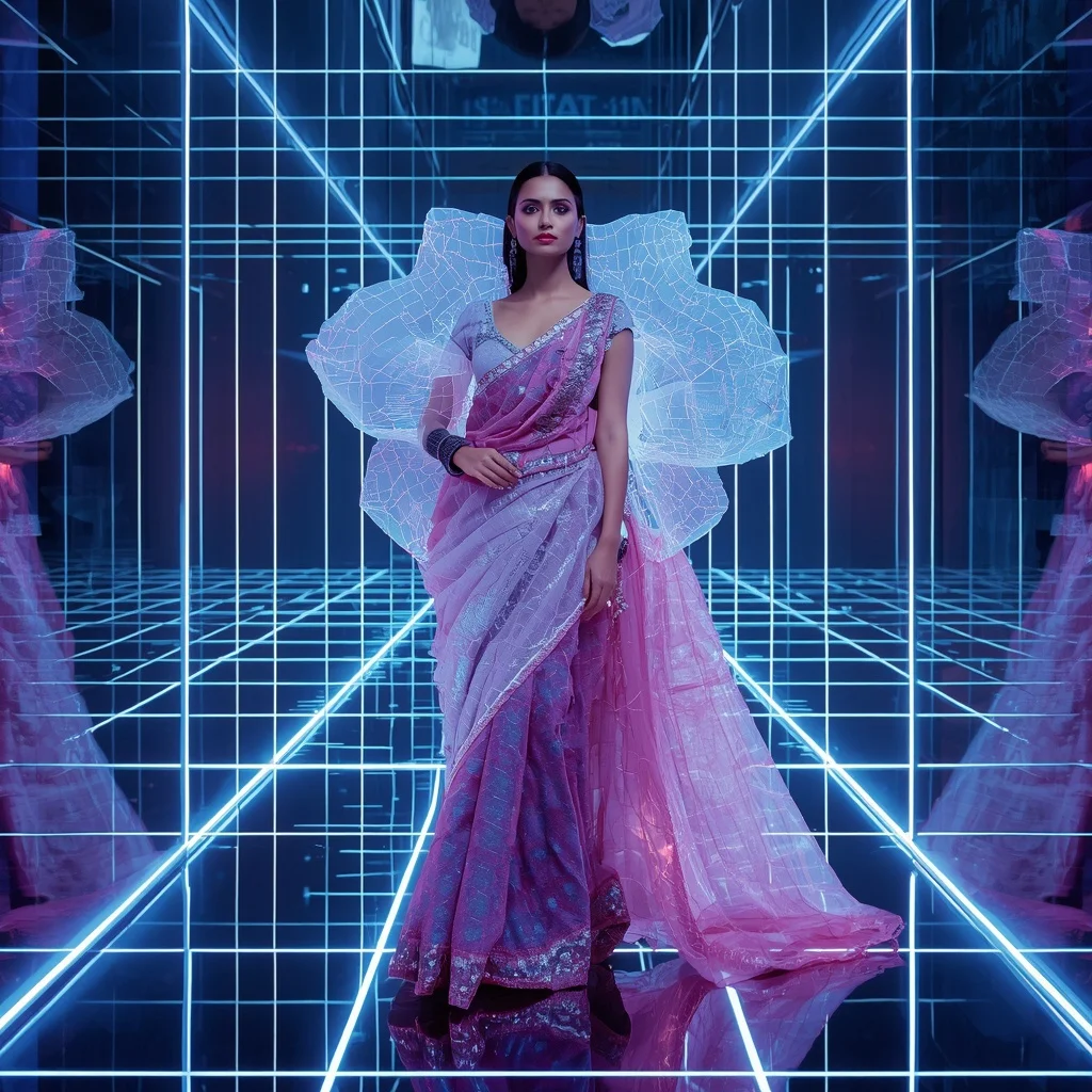 Crystal Electric Grid Saree with Floating Cyber Laser Universe | Festival Look Ai Prompt