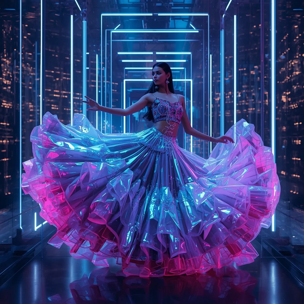 Crystal Infinity Flame Saree with Floating Neon Cyber Kingdom | Gemini Ai Photo Prompt Copy Paste