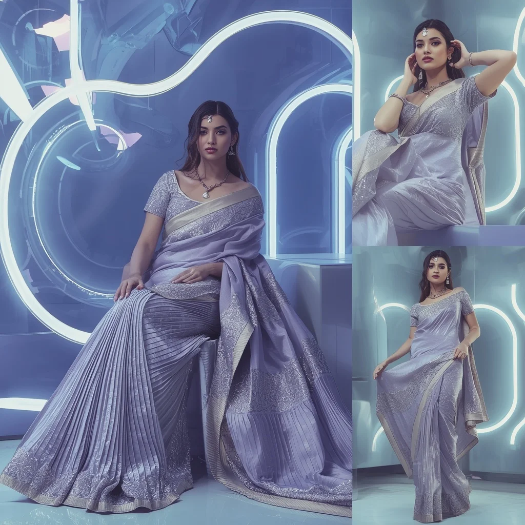 Crystal Moonlight Saree with Floating Digital Waves | Character Design Ai Prompt