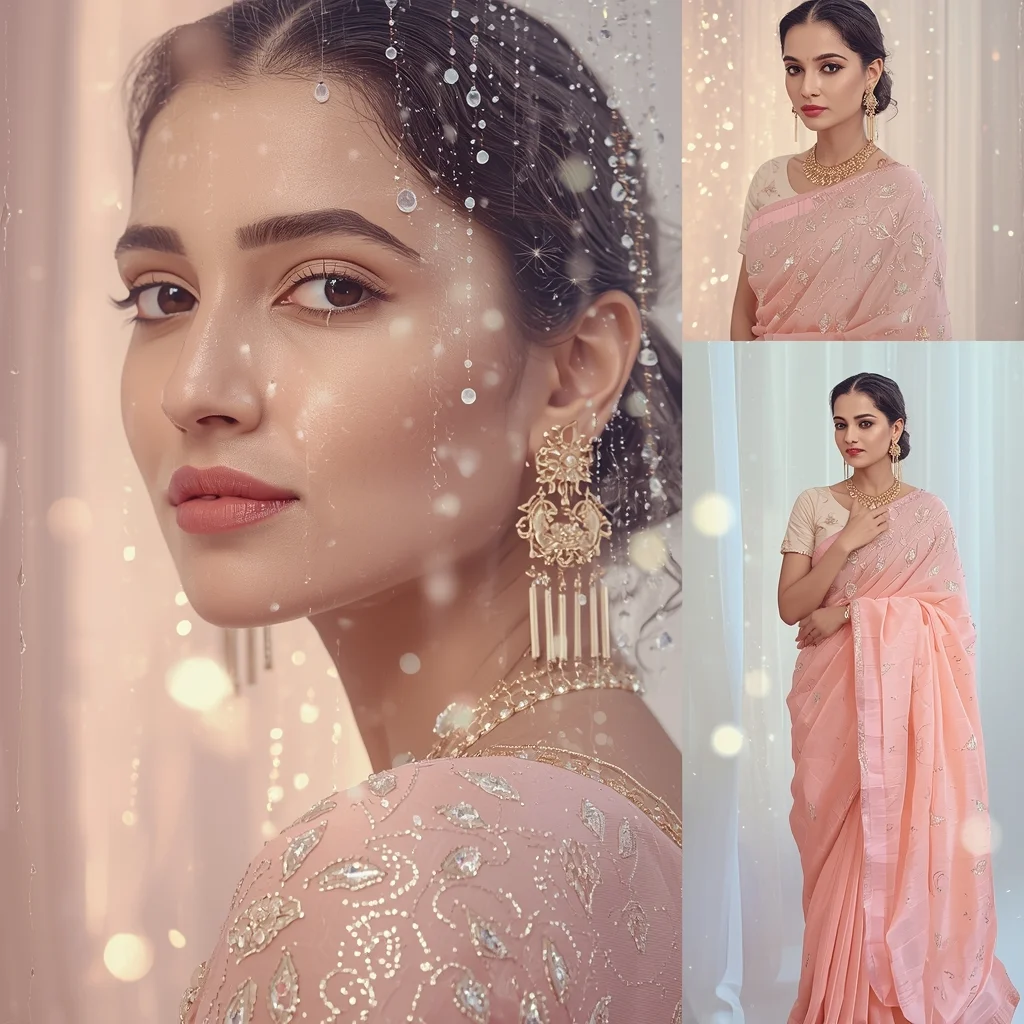 Crystal Rain Drop Pastel Saree Luxury Cinematic Collage | Bridal Saree Ai Prompt For Instagram Reel