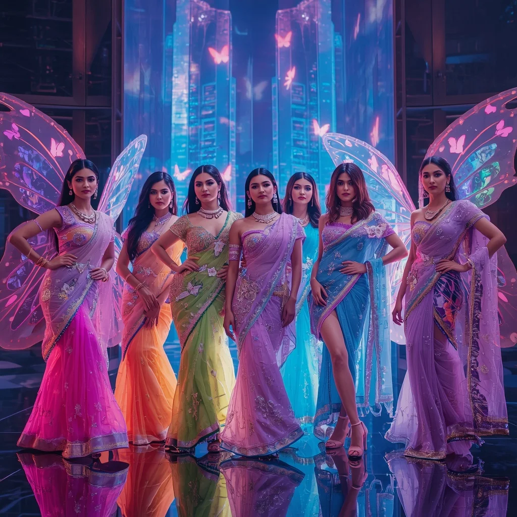 Cyber Aurora Butterfly Saree Icons with Futuristic Neon City Background | Gemini Ai Prompt For Instagram