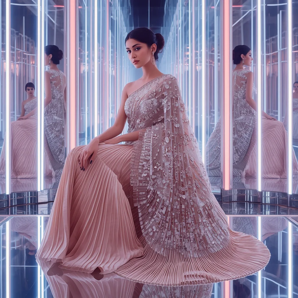 Diamond Aurora Cascade Saree with Infinity Mirror Chamber | Desi Girl Ai Prompt