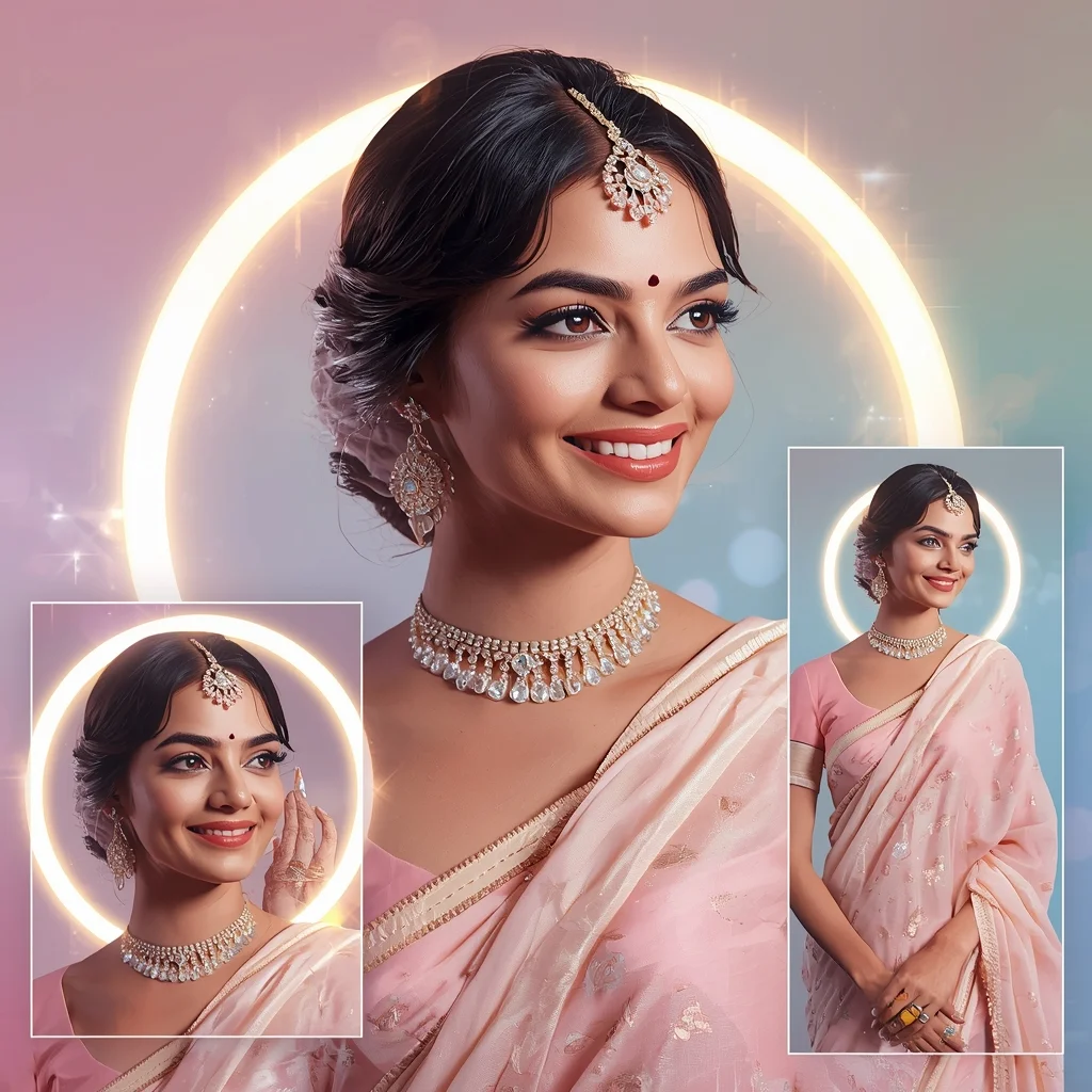 Diamond Dust Halo Pastel Saree Premium Glow Collage | Gemini Saree Prompt