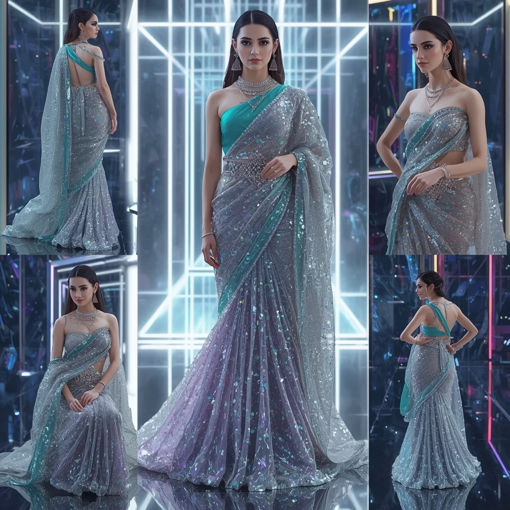 Diamond Horizon Saree with Floating RGB Infinity Crystal Metaverse | Leonardo Ai Image Prompt