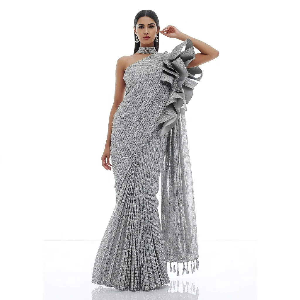 Diamond Mesh & Sculpted Metallic Saree with Bright Infinity Room | Instagram Post Ai Prompt