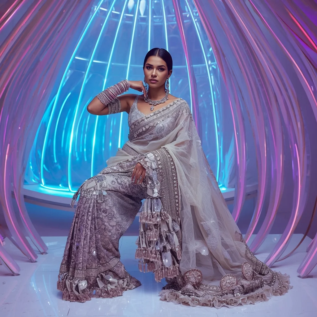 Diamond Mirage Festival Saree with Curved Hologram Dome | Gemini Ai Prompt