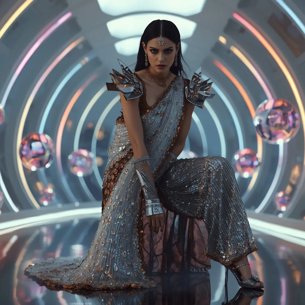 Diamond Thunder Fantasy Saree with Floating Prism Spheres | Beautiful Girl Prompt Generator
