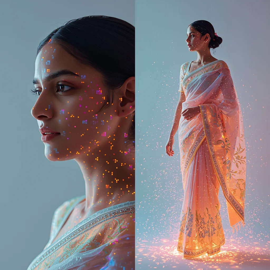 Digital Aura Pixel Breakdown Saree Collage | Ultra Futuristic AI Fusion Prompt | Ai Gemini Saree Prompt
