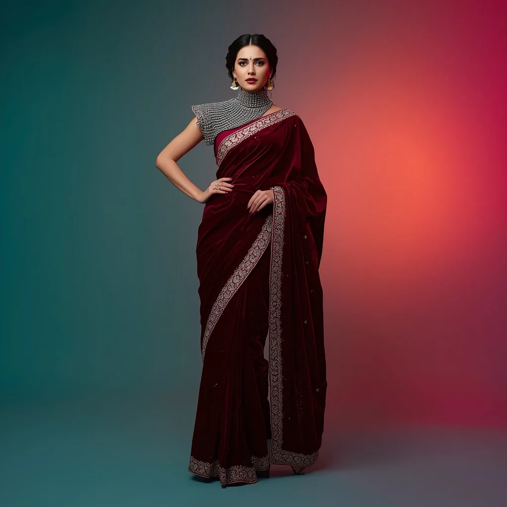 Dramatic Armor Saree: Crimson Velvet with 3D Silver Chainmail Shoulder Piece | Google Prompt