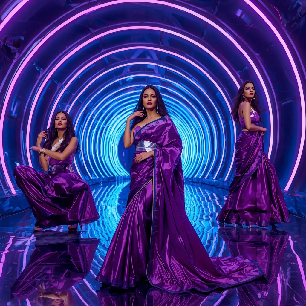 Electric Orchid Mirage Saree with Neon Spiral Palace | Gemini Ai Prompt For Girl