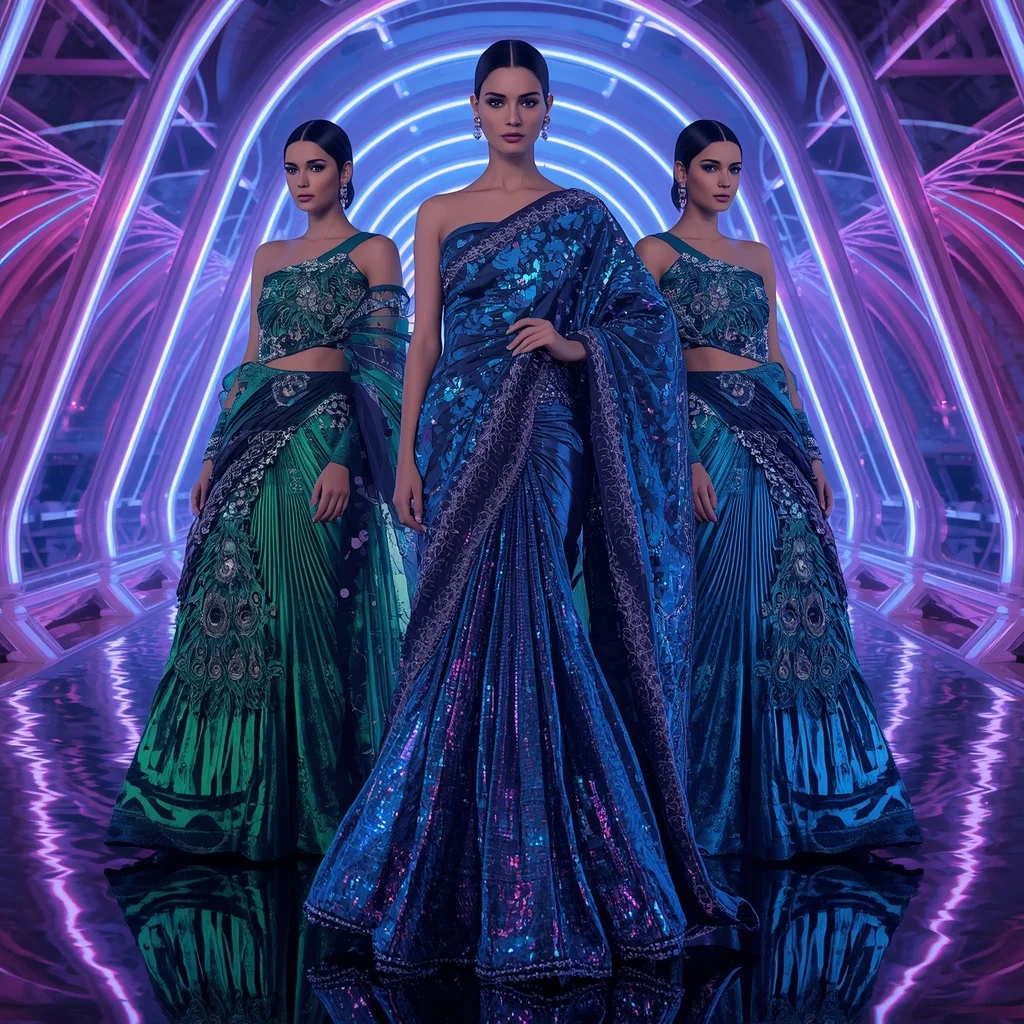 Electric Peacock Mirage Saree with Infinity Neon Empire | Gemini Ai Prompt Saree Copy Paste